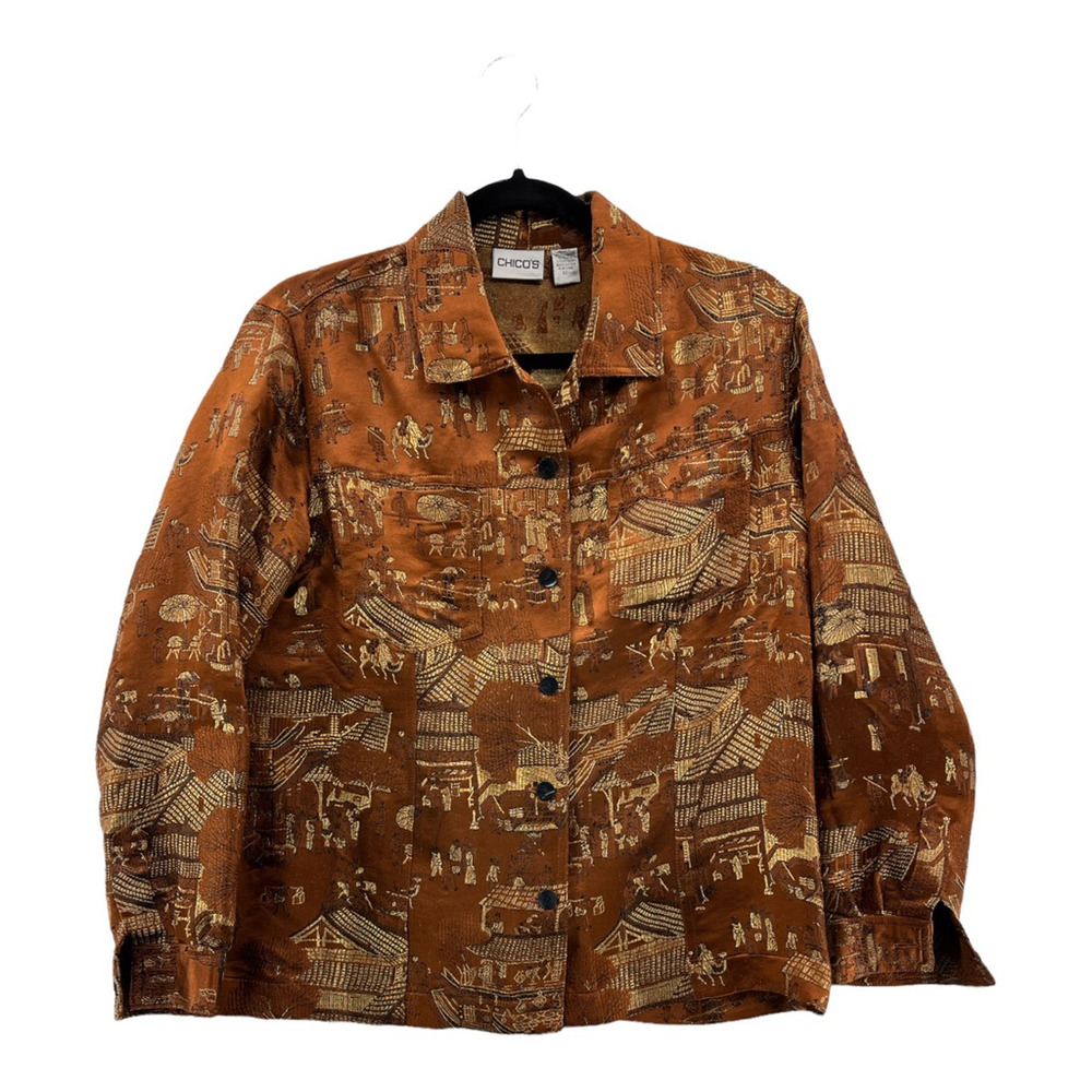 Chico's Womens Button Front Shirt Brown Beige Chinoiserie Long Sleeve M/8 1